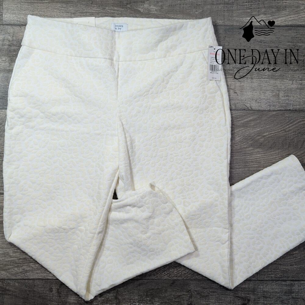 Crown & Ivy Tech Stretch Leopard Jacquard Ankle Pants Ivory NWT Size 14